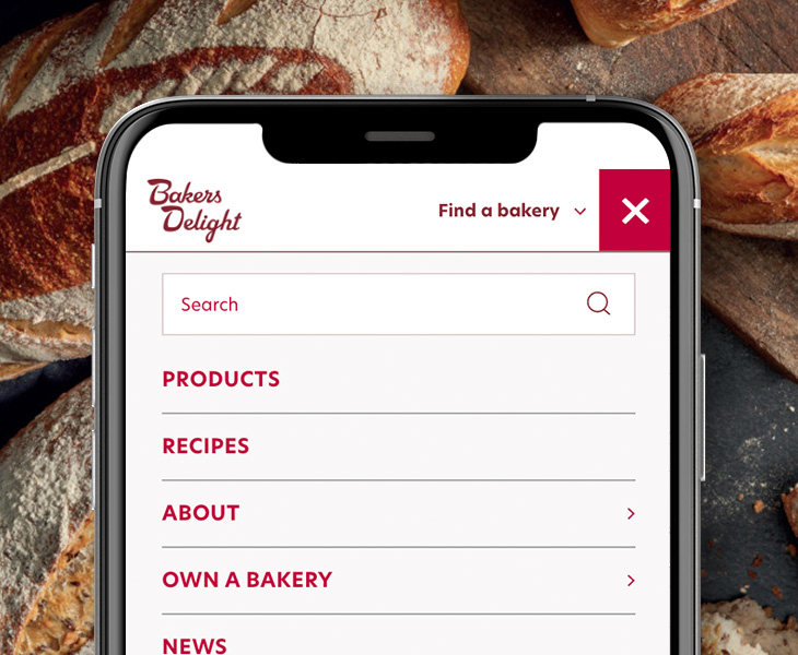 Baker's Delight Website Menu on Mobile Device